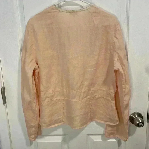 J JILL 100% Linen Jacket Blouse Size 12 Peach Cream Trim Long Sleeve Button Up - Picture 4 of 9